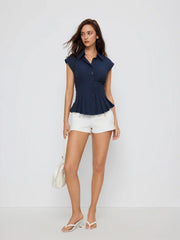 Linen-blend Pleated Button Blouse
