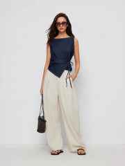 Washed Denim Boat Neck Wrap Tie Waist Asymmetrical Hem Vest