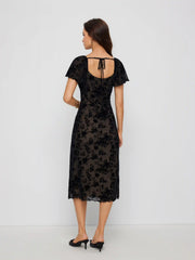 Mesh Flocking Floral Sweetheart Ruffle Sleeve Mermaid Midi Dress