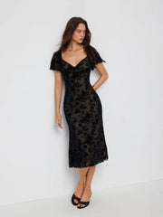 Mesh Flocking Floral Sweetheart Ruffle Sleeve Mermaid Midi Dress