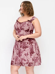 Mesh Sweetheart Neck Floral Lace Trim Knotted Mini Dress Curve & Plus