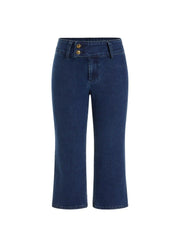 Stretch Denim Washed Mid Rise Metal Detail Flared Capri Jeans