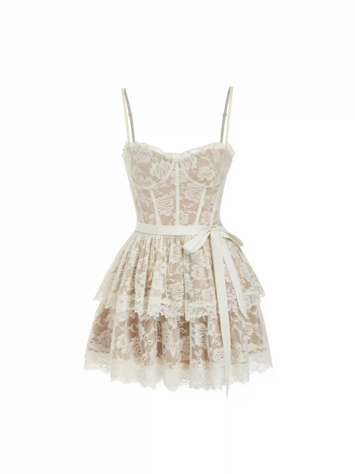 Lace Textured Sculptural Sweetheart Neck Layered Bowknot Tiered Mini Dress