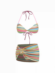 Halter Neckline Striped Bracelet Top & Low Rise Bikini Bottom 3 Piece Bikini Set