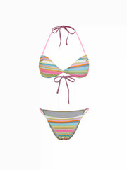 Halter Neckline Striped Bracelet Top & Low Rise Bikini Bottom 3 Piece Bikini Set