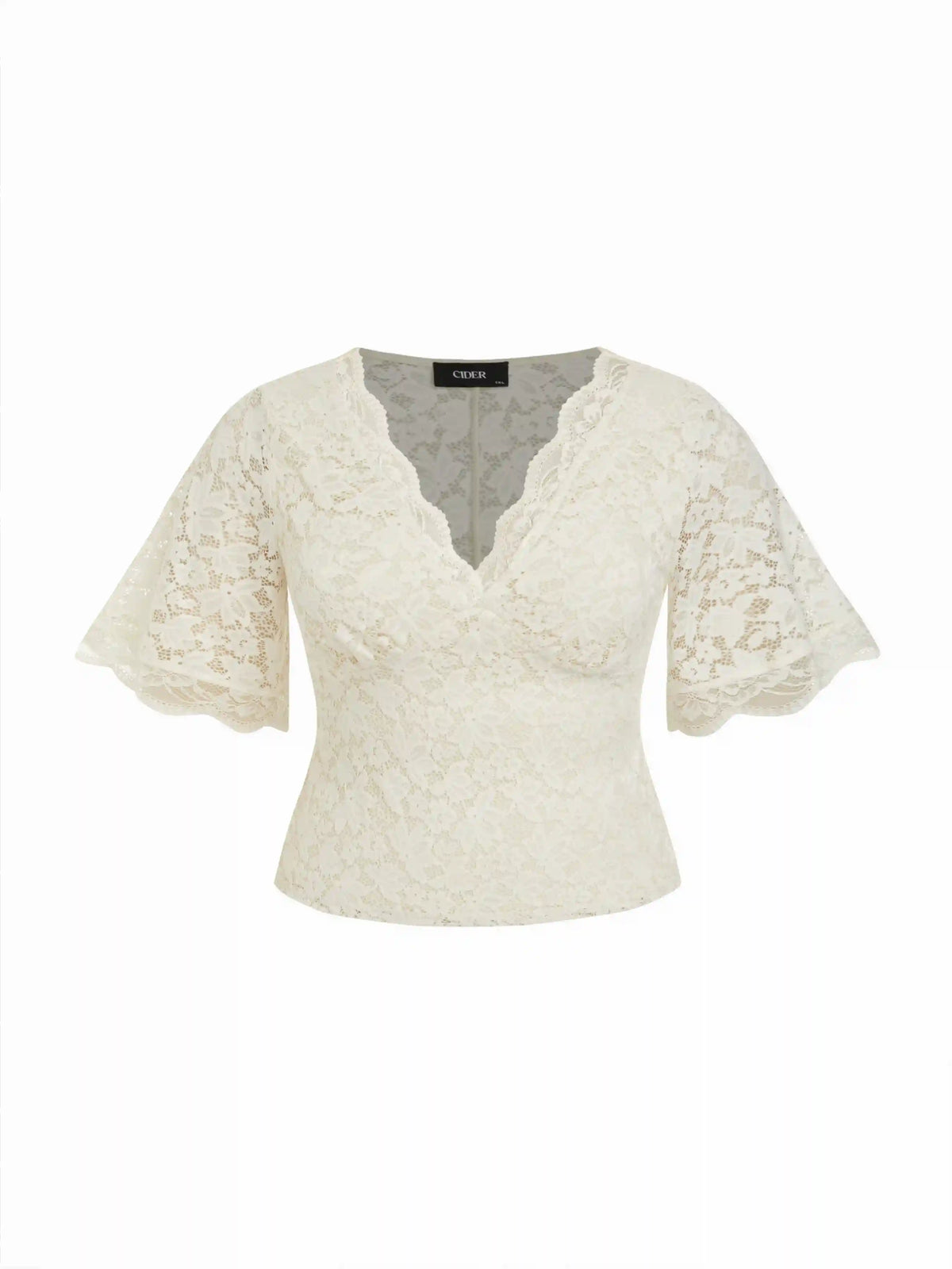 V-Neck Guipure Lace Ruffle Sleeve Crop Top Curve & Plus