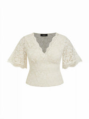 V-Neck Guipure Lace Ruffle Sleeve Crop Top Curve & Plus
