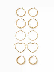 5 PAIRS HEART & CIRCLE HOOP EARRINGS SET