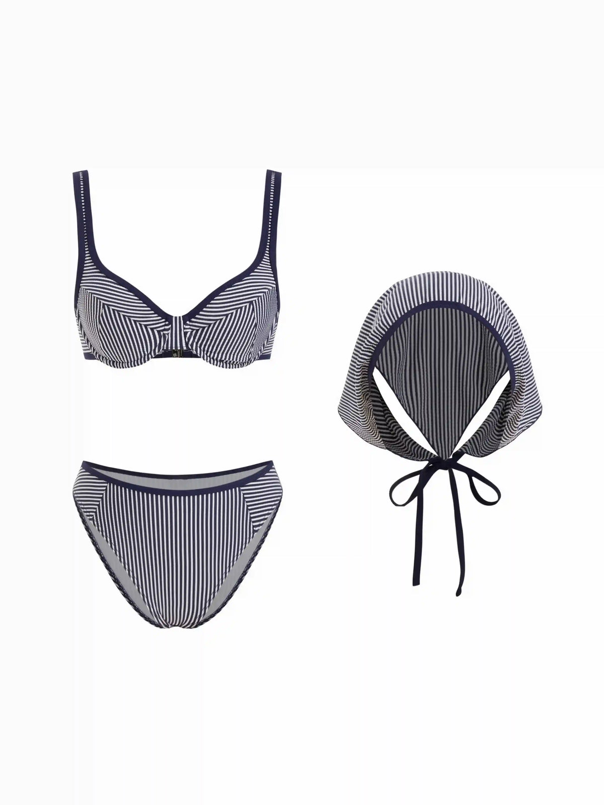 Striped Sweetheart Underwire Cheeky Bikini Set With Headscarf