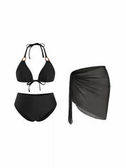 Halter Neckline Ring Linked Triangle Bikini Set With Sarong Curve & Plus