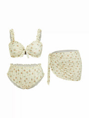 Sweetheart Floral Eyelet Embroidery Lettuce Trim Triangle Bikini Set With Sarong Curve & Plus