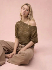 Knit Asymmetrical Neckline Middle Sleeve Top