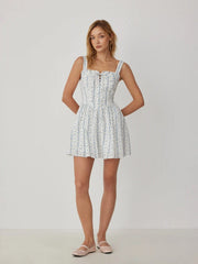 Cotton-blend Ditsy Floral Square Neck Ruffled Flared Mini Dress
