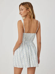 Cotton-blend Ditsy Floral Square Neck Ruffled Flared Mini Dress