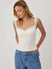 Pointelle Scoop Neck Ruched Lace Trim Lettuce Hem Cami Top
