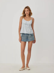 Cotton-blend Floral Scoop Neck Lace Trim Bowknot Oversized Cami Blouse