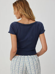 Cotton Textured V-neck Ruched Lace Lettuce Trim Short Sleeve Tee