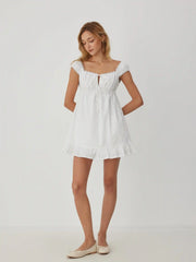 Cotton-blend Square Neck Puff Sleeve Drawstring Ruffle Hem Oversized Babydoll Mini Dress