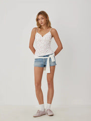 Cotton-blend Floral V-neck Lace Trim Cami Top