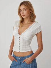 Textured V-neck Short Sleeve Lace Trim Pearl Button Blouse