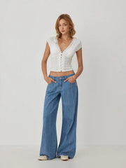 Textured V-neck Short Sleeve Lace Trim Pearl Button Blouse