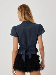 Cotton-blend Gingham Scoop Neck Puff Sleeve Ruched Drawstring Blouse