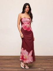 Mesh Floral Strapless A-line Maxi Dress
