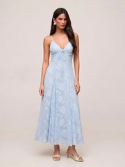 Jacquard V-neck Knotted Cami Flared Maxi Dress