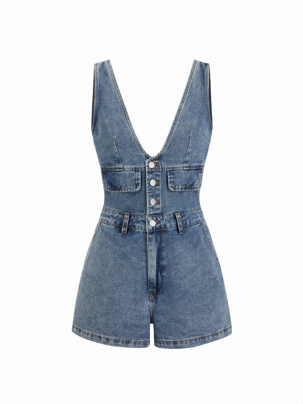 Denim V-Neck Button Front Metal Detail Jumpsuit