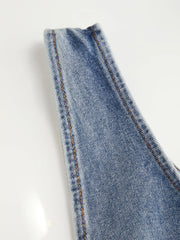 Denim V-Neck Button Front Metal Detail Jumpsuit