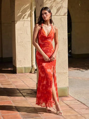 Floral Mesh Halter Neck Asymmetrical Split Mermaid Maxi Dress