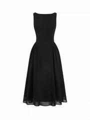 Chiffon Boat Neck Draped A-line Midi Dress