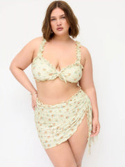 Sweetheart Floral Eyelet Embroidery Lettuce Trim Triangle Bikini Set With Sarong Curve & Plus
