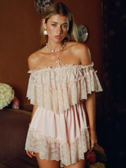 Satin Off-shoulder Lace Ruffle Belted A-line Mini Dress