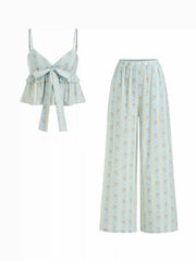 Cotton-blend Floral Oversized Crop Top & High Rise Wide Leg Loungewear Set