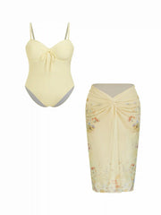 Sweetheart Tie Front One-piece Swimsuit With Floral Sarong Curve & Plus
