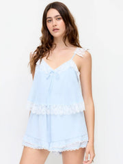 Chiffon V-neck Lace Panel Knotted Ruffle Sleeve Oversized Romper