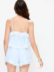 Chiffon V-neck Lace Panel Knotted Ruffle Sleeve Oversized Romper