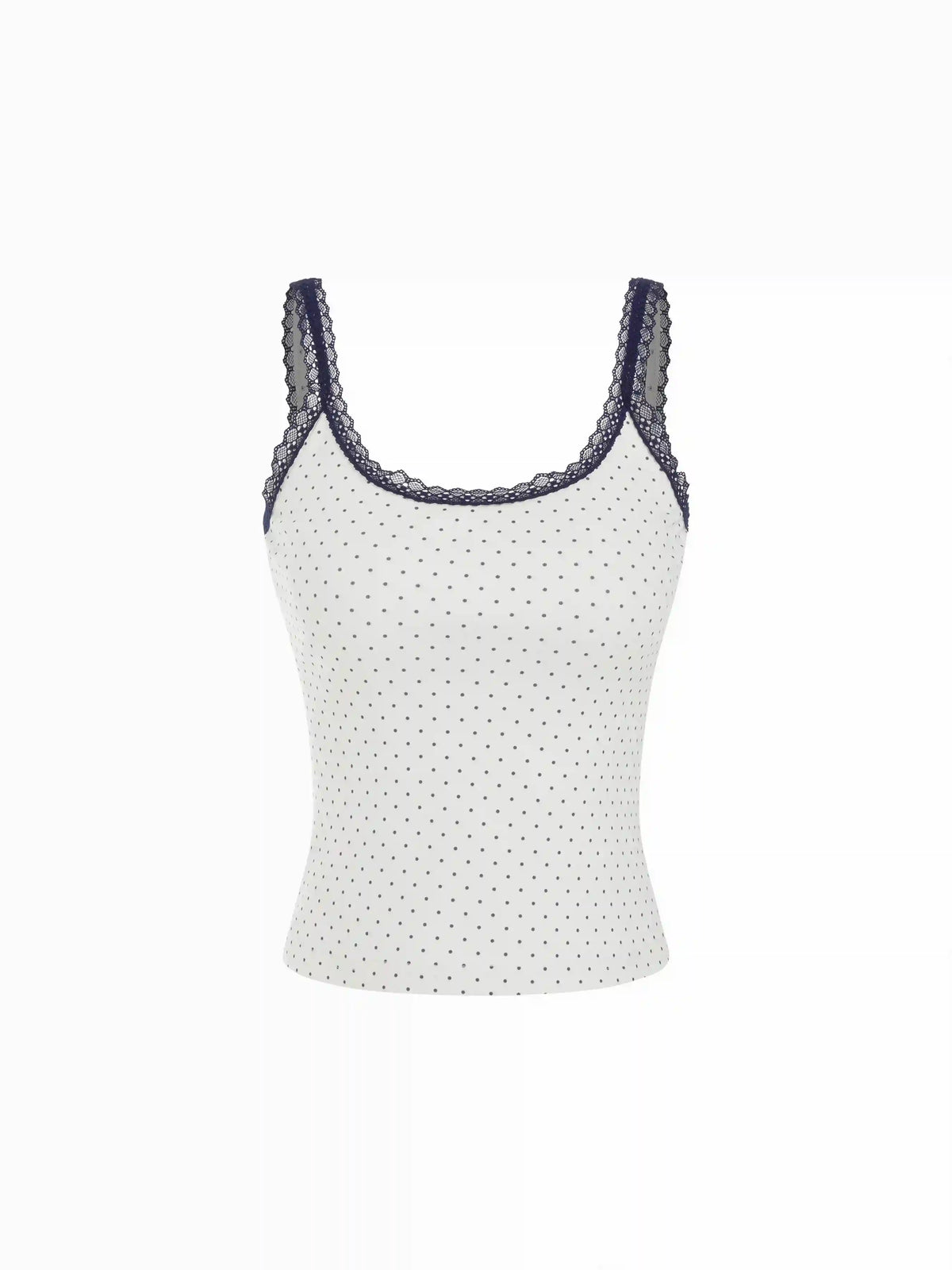 Cotton-blend Polka Dot Scoop Neckline Lace Trim Cami Top