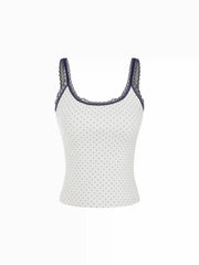 Cotton-blend Polka Dot Scoop Neckline Lace Trim Cami Top