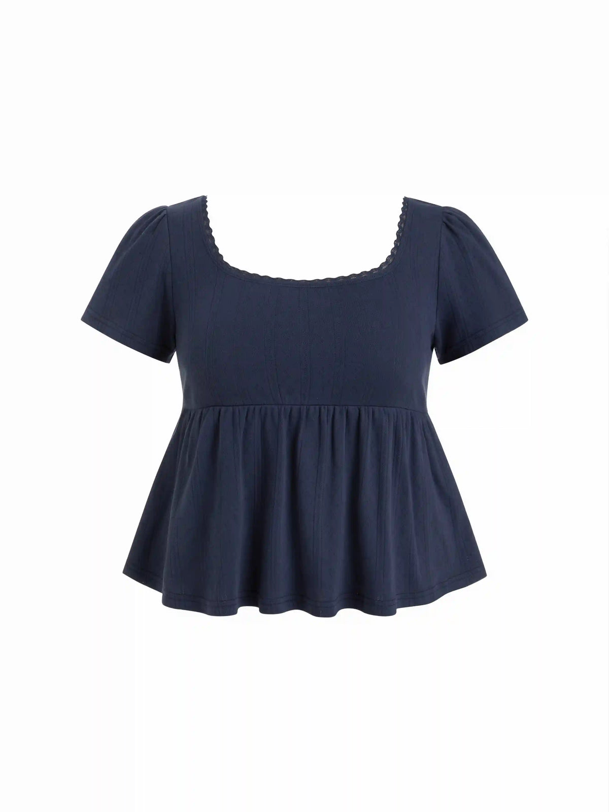 Cotton-blend Square Neck Babydoll Lace Trim Peplum Short Sleeve Top Curve & Plus