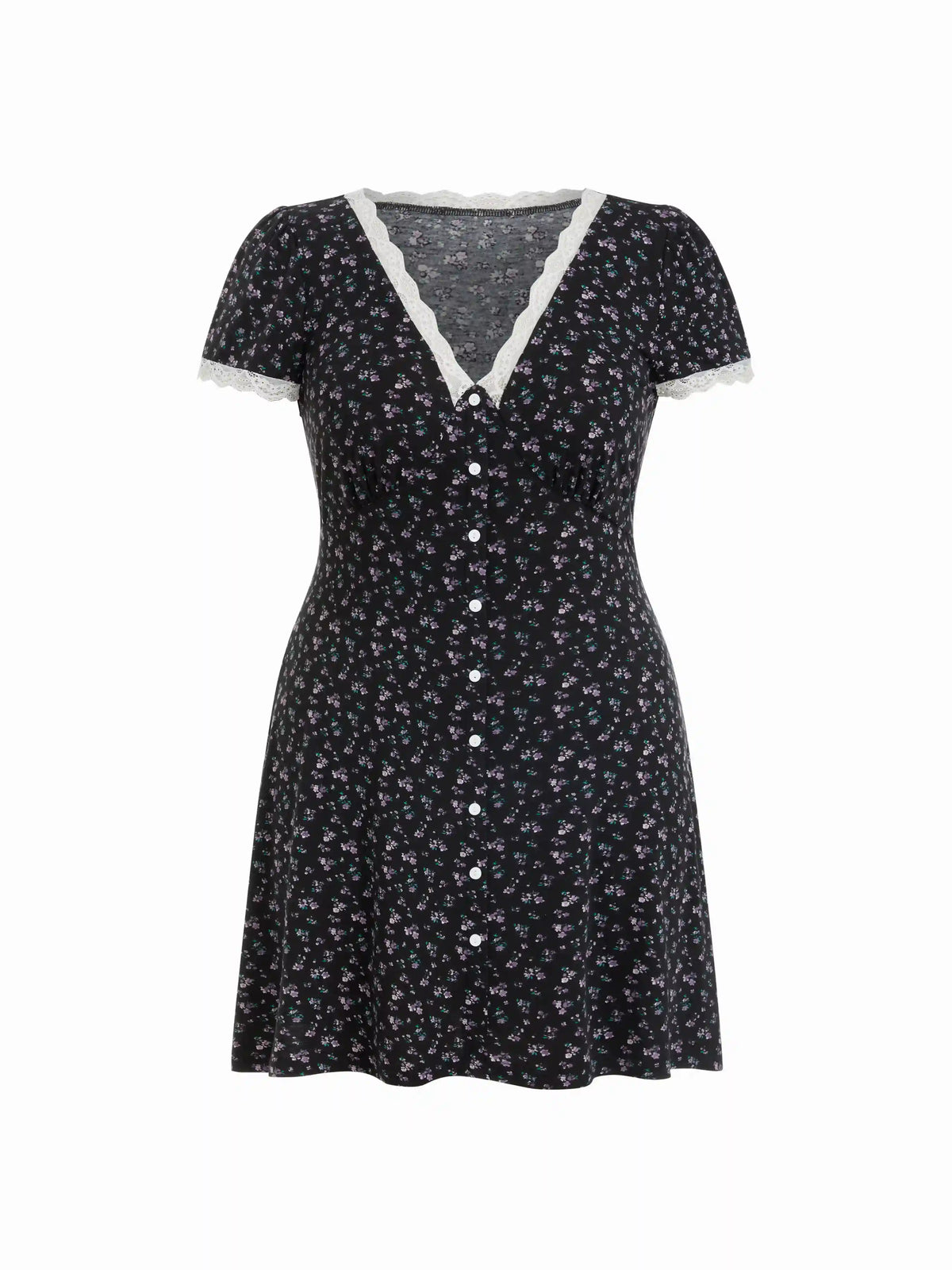 Ditsy Floral V-neck Lace Trim A-line Mini Dress Curve & Plus