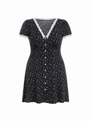 Ditsy Floral V-neck Lace Trim A-line Mini Dress Curve & Plus