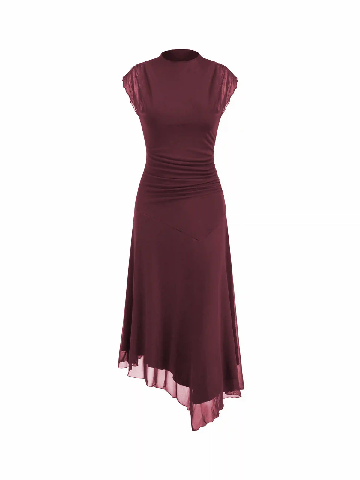 High Neck Ruched Asymmetrical Hem Midi Dress