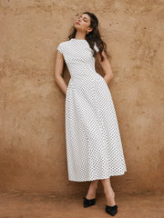 Sculptural Polka Dot Stand-Collar Flared Maxi Dress