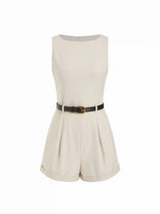 Linen-blend Boat Neck Mid Rise Romper With Belt