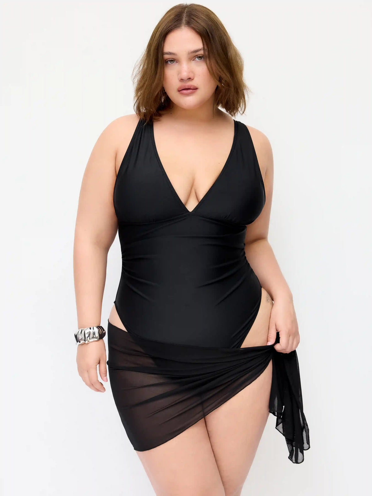 V-neck Ruched High Stretch One-piece Swimsuit With Sheer Scarf Curve & Plus