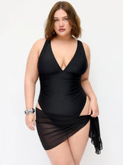 V-neck Ruched High Stretch One-piece Swimsuit With Sheer Scarf Curve & Plus