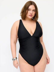 V-neck Ruched High Stretch One-piece Swimsuit With Sheer Scarf Curve & Plus