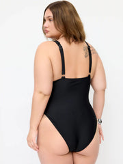 V-neck Ruched High Stretch One-piece Swimsuit With Sheer Scarf Curve & Plus